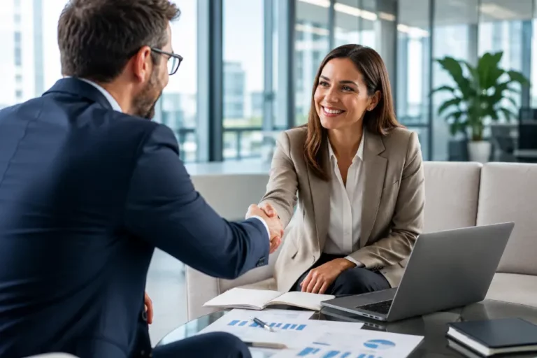 Networking y Alianza Estratégica en Entorno Corporativo Ejecutivo sonriente con traje azul estrecha la mano de un socio en oficina moderna simbolizando acuerdo profesional exitoso.