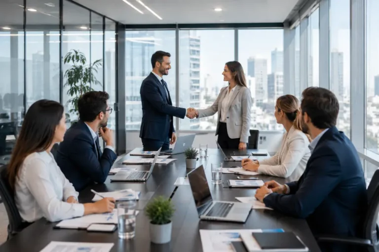 Alianza Estratégica y Colaboración Empresarial en Oficina Profesionales en oficina moderna estrechando manos durante reunión de negocios con equipo trabajando de fondo.