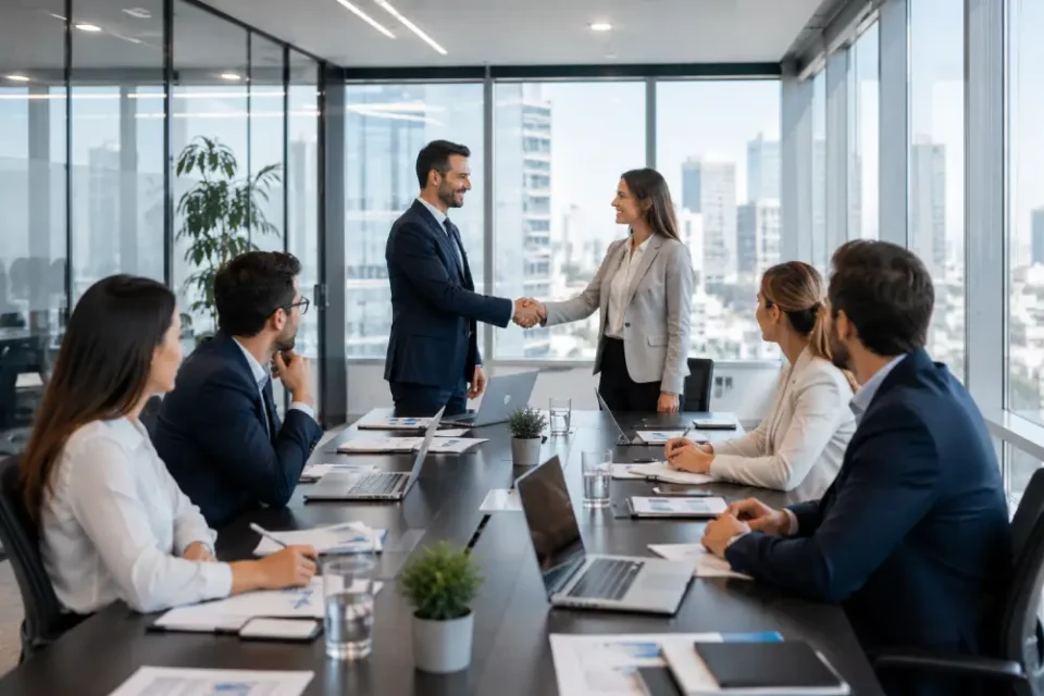 Profesionales en oficina moderna estrechando manos durante reunión de negocios con equipo trabajando de fondo.