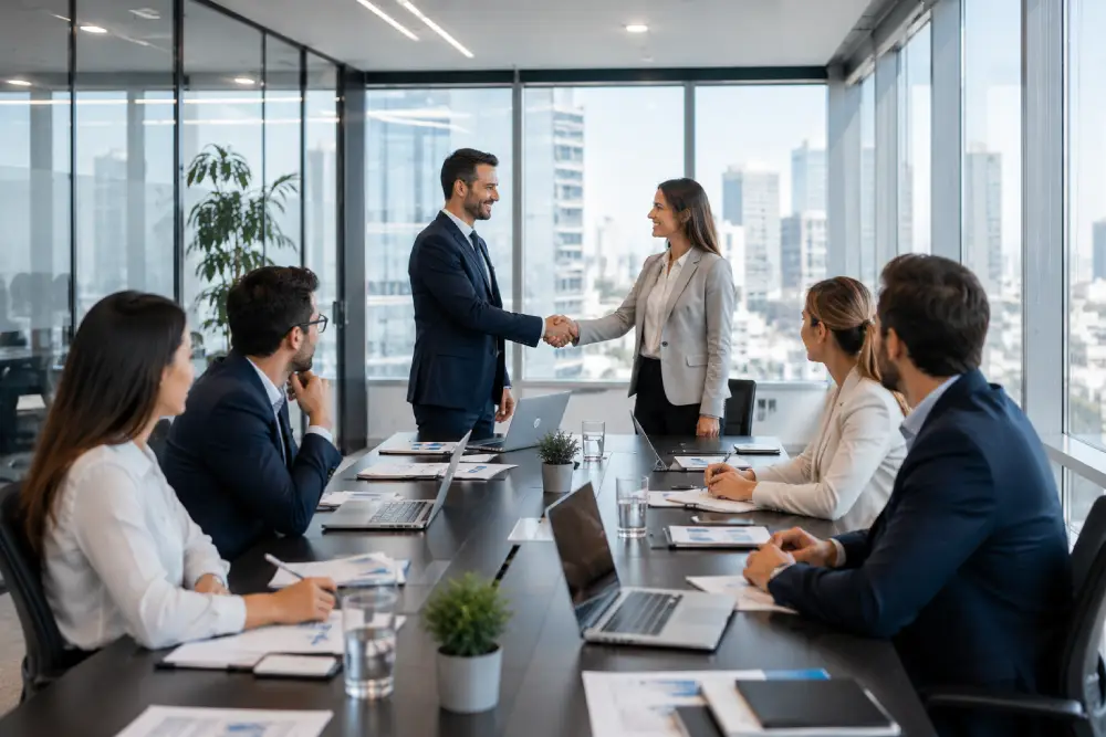 Alianza Estratégica y Colaboración Empresarial en Oficina Profesionales en oficina moderna estrechando manos durante reunión de negocios con equipo trabajando de fondo.
