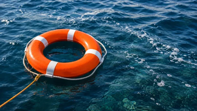 Equipamiento de Seguridad Marítima: Aro Salvavidas Naranja Aro salvavidas naranja con bandas blancas reflectantes sobre superficie de agua marina ondulada con cabo de amarre.