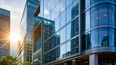 Fachada de rascacielos con paneles de vidrio azul y reflejos solares en un entorno urbano de arquitectura moderna.