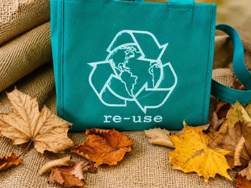Bolsa turquesa con símbolo de reciclaje global y palabra re-use, sobre arpillera junto a hojas secas de otoño.