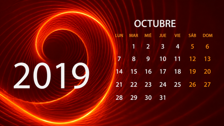 Calendario Octubre 2019: Diseño Abstracto Rojo Calendario de octubre 2019 sobre fondo abstracto de espiral luminosa en tonos rojo y naranja.