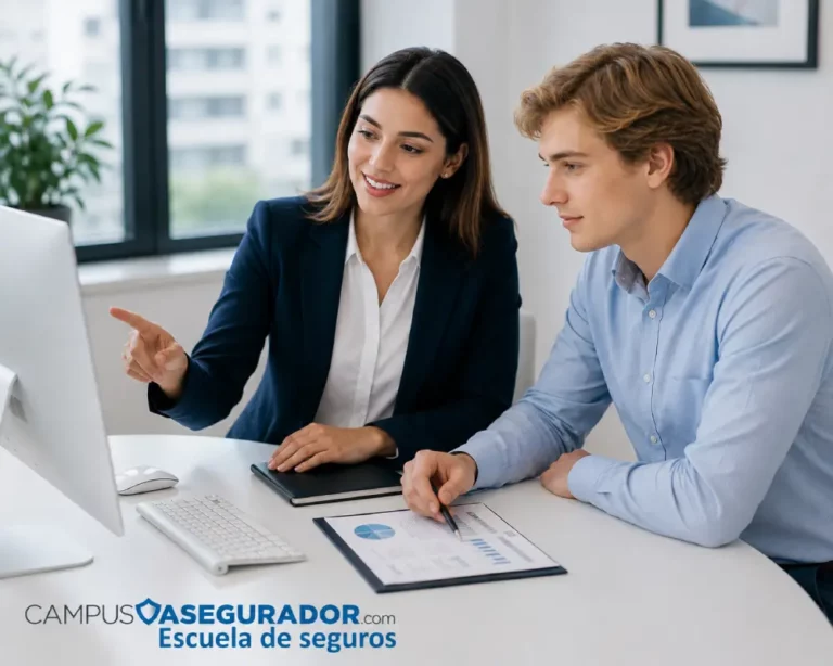 Escuela de Seguros y Capacitación Campus Asegurador Asesora de Campus Asegurador explica formación en seguros a cliente frente a monitor en entorno de oficina corporativa.
