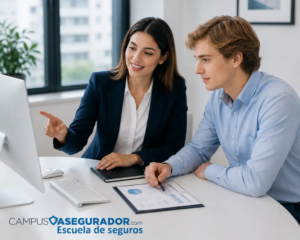Asesora de Campus Asegurador explica formación en seguros a cliente frente a monitor en entorno de oficina corporativa.