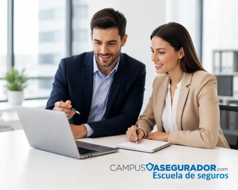 Formación Profesional en Seguros – Campus Asegurador Dos profesionales analizan contenidos en portátil bajo el logo de Campus Asegurador, Escuela de Seguros.