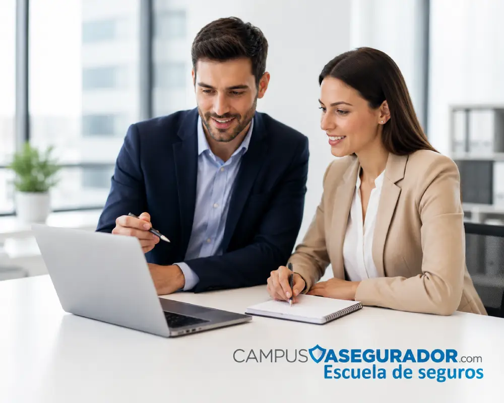 Formación Profesional en Seguros – Campus Asegurador Dos profesionales analizan contenidos en portátil bajo el logo de Campus Asegurador, Escuela de Seguros.