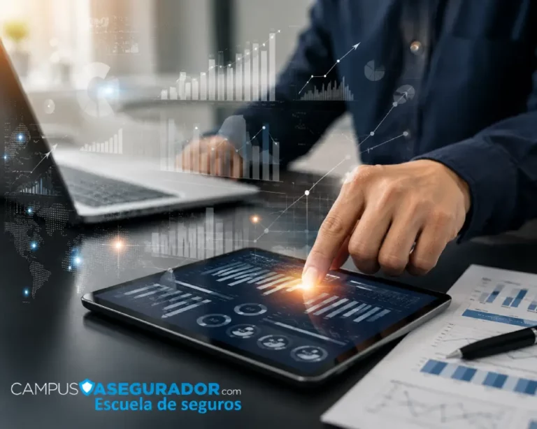 Formación Técnica en Análisis de Datos para Seguros Profesional analizando métricas digitales en tablet con logotipo de Campus Asegurador Escuela de Seguros.