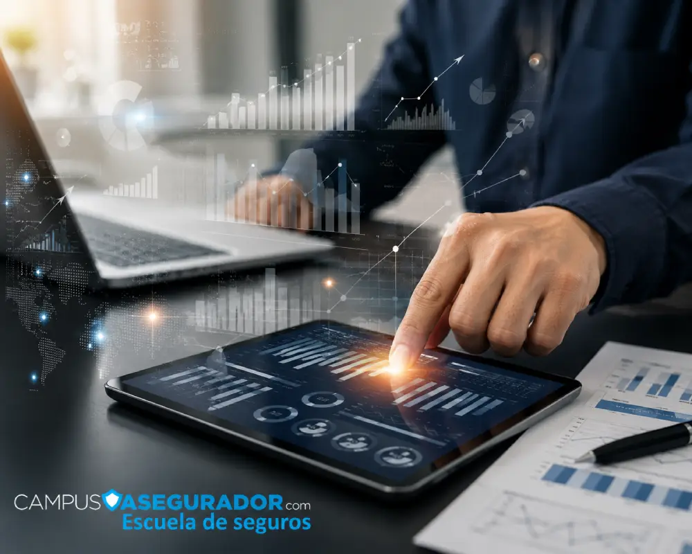 Profesional analizando métricas digitales en tablet con logotipo de Campus Asegurador Escuela de Seguros.