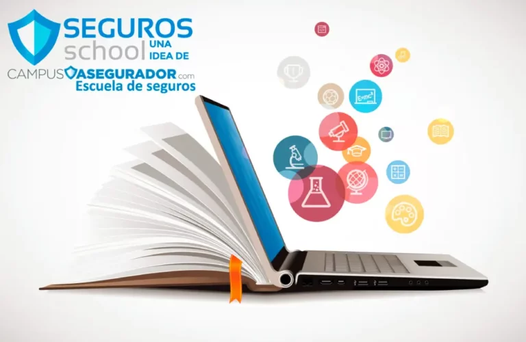 Formación Seguros Online: E-learning Campus Asegurador Portátil fusionado con libro abierto e iconos educativos y logo Seguros School de Campus Asegurador.