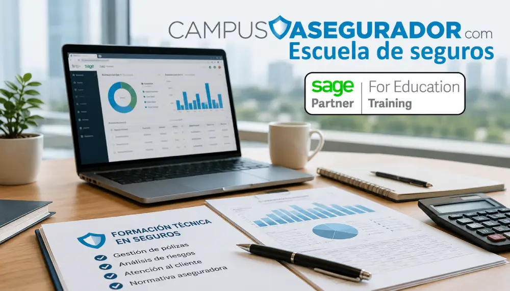 Formación Especializada en Seguros y Sage Partner Escritorio con documentos, laptop y logos de Campus Asegurador y Sage Partner para formación técnica en seguros.