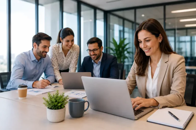 Campus Asegurador amplía su oferta de formación bonificada para empleados Equipo de profesionales trabajando en una oficina moderna mientras una empleada utiliza un portátil en un entorno de formación y desarrollo profesional.