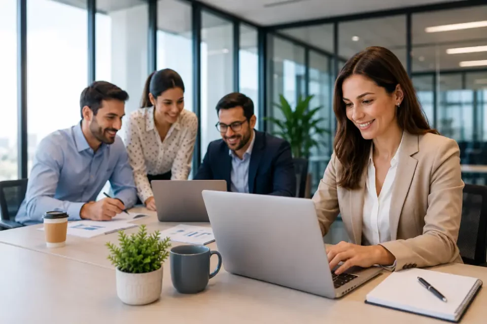 Equipo de profesionales trabajando en una oficina moderna mientras una empleada utiliza un portátil en un entorno de formación y desarrollo profesional.