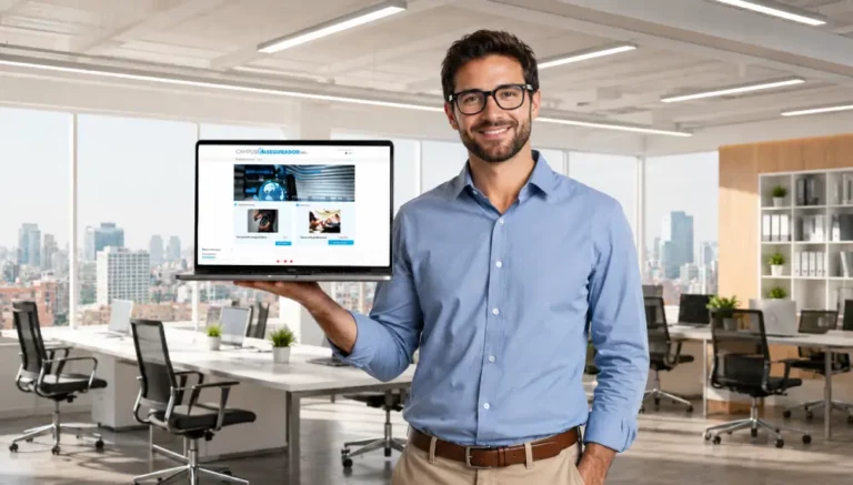 Campus Asegurador: Formación Técnica para el Sector Seguros Profesional con gafas sosteniendo portátil con portal Campus Asegurador en oficina diáfana con vistas urbanas.