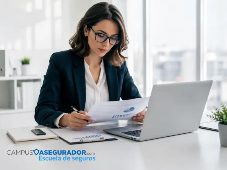 Cursos de Seguros Online | Campus Asegurador Profesional con gafas analizando documentos de seguros frente a portátil en Campus Asegurador Escuela de Seguros.