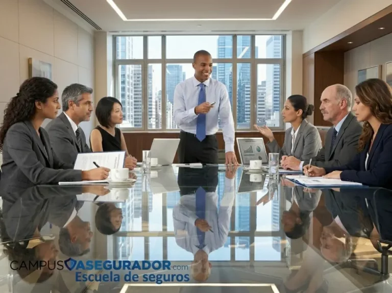 Formación Especializada en Seguros – Campus Asegurador Equipo corporativo en sala de juntas con mentor de Campus Asegurador Escuela de Seguros durante sesión de formación.