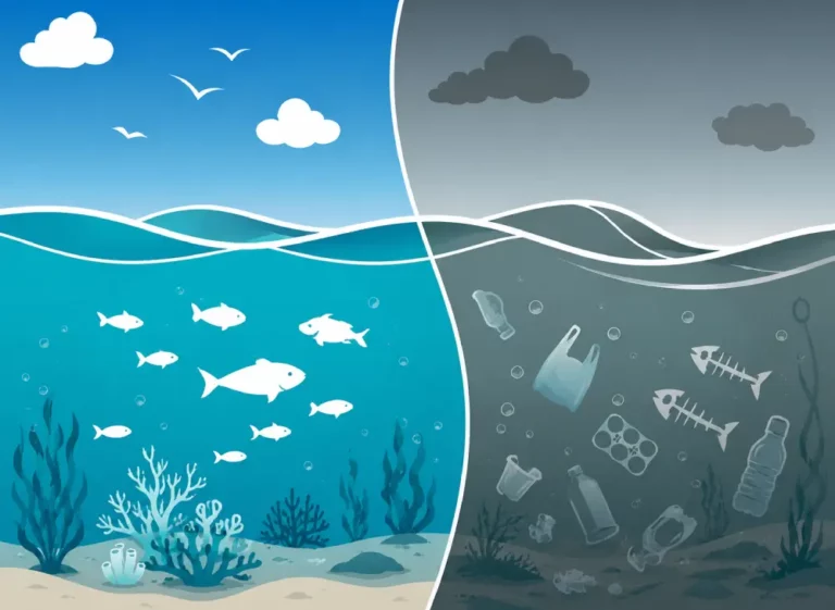 Contaminación Marina vs Océano Sano: Impacto Ambiental Comparativa gráfica entre un ecosistema marino saludable con peces y uno contaminado con plástico y restos óseos.