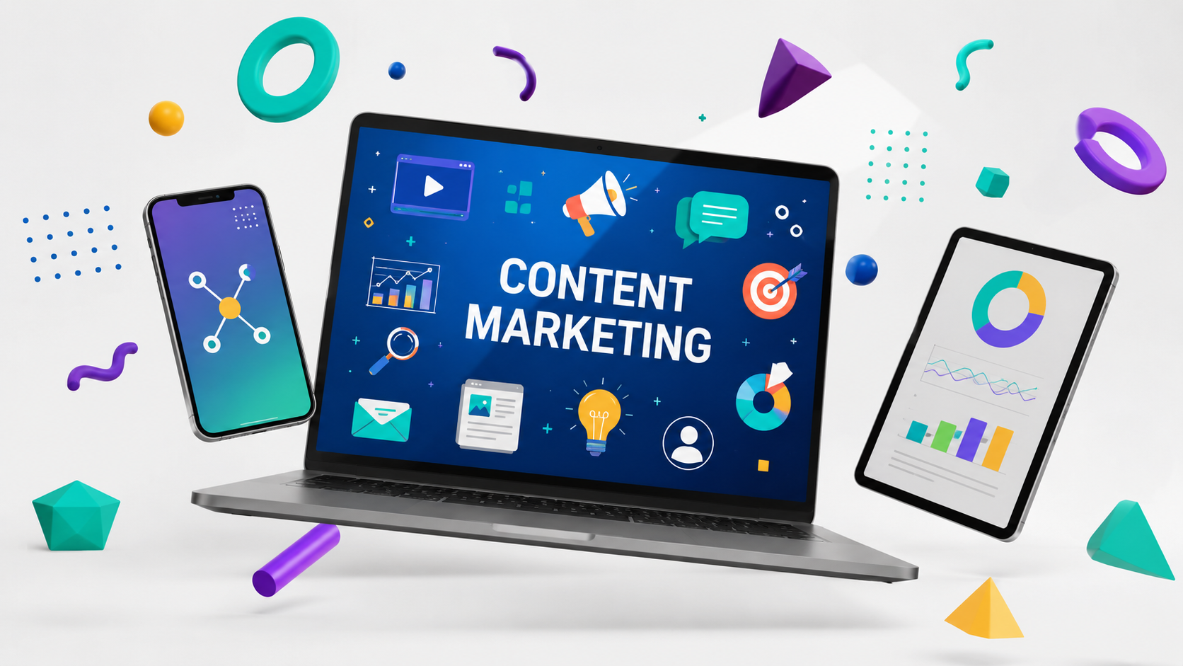 Laptop con texto Content Marketing rodeado de iconos digitales, smartphone Left Iris y tablet sobre fondo blanco creativo.
