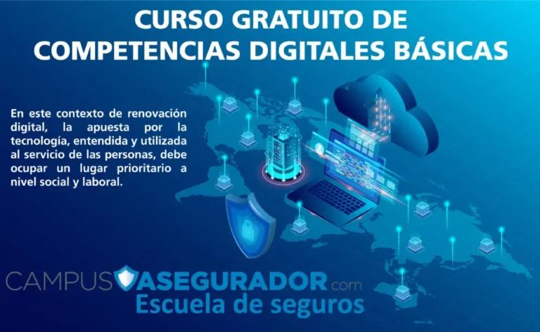 Curso Gratuito Competencias Digitales Campus Asegurador Curso gratuito competencias digitales básicas Campus Asegurador con laptop, servidor e iconografía de seguridad digital.