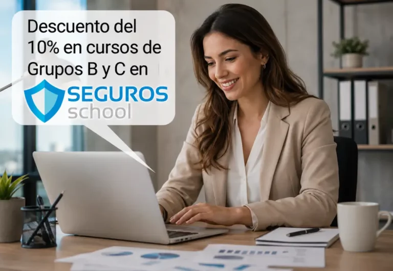Descuento Cursos Seguros School Grupos B y C Profesional en oficina usando laptop con promoción de 10% de descuento en cursos Grupos B y C de Seguros School.