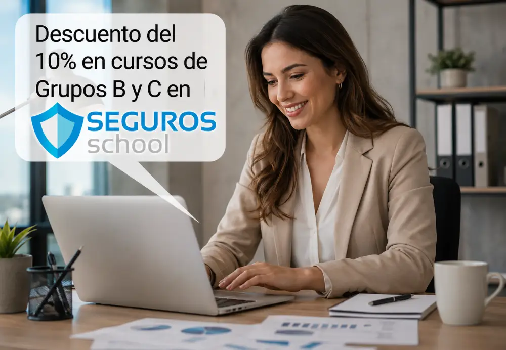 Descuento Cursos Seguros School Grupos B y C Profesional en oficina usando laptop con promoción de 10% de descuento en cursos Grupos B y C de Seguros School.