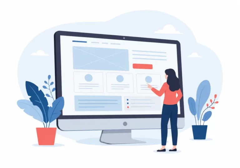 Optimización y Diseño de Interfaz Web para Usuarios Ilustración flat de mujer analizando prototipo web en monitor grande rodeada de plantas estilizadas en tonos azul y coral.