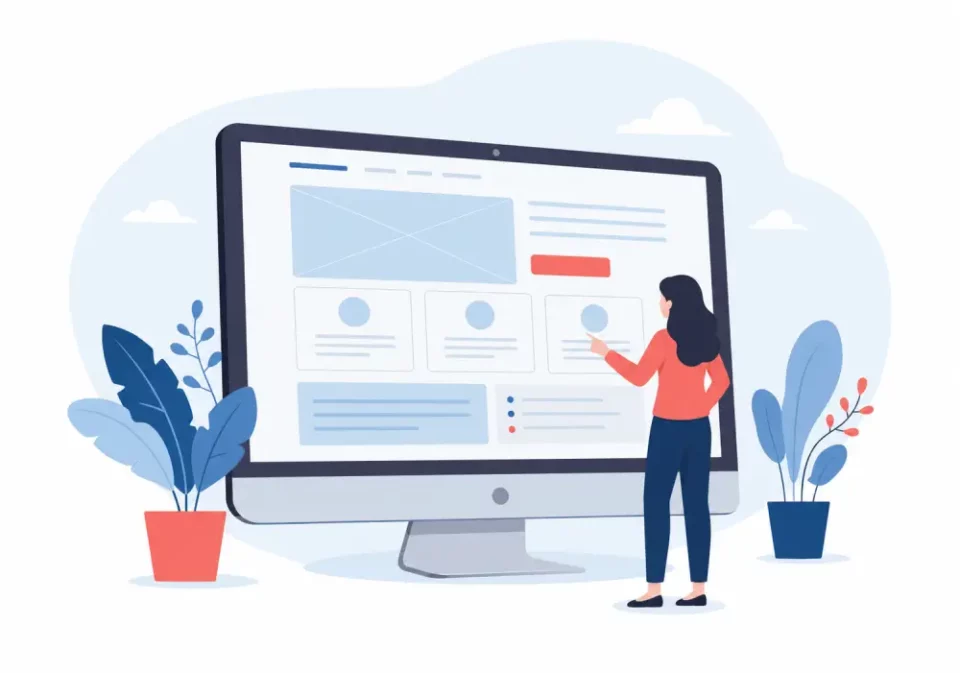 Ilustración flat de mujer analizando prototipo web en monitor grande rodeada de plantas estilizadas en tonos azul y coral.