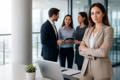 Profesional del sector seguros en oficina corporativa moderna promoviendo un entorno laboral seguro y libre de acoso sexual.