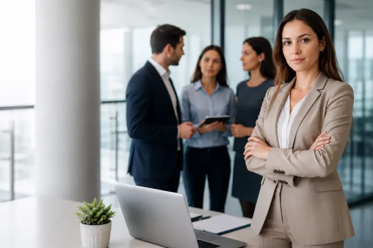 Los distribuidores de seguros deben promover condiciones de trabajo que eviten el acoso sexual Profesional del sector seguros en oficina corporativa moderna promoviendo un entorno laboral seguro y libre de acoso sexual.