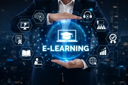Ejecutivo con holograma E-LEARNING e iconos de formación online, inteligencia artificial y certificaciones digitales.