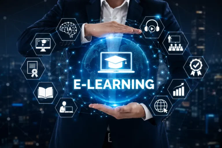 E-Learning y Transformación Digital en Educación Ejecutivo con holograma E-LEARNING e iconos de formación online, inteligencia artificial y certificaciones digitales.