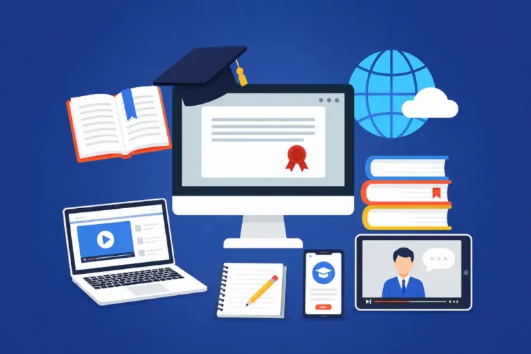 Educación Digital y Certificación Profesional Online Iconos de e-learning con diploma digital, videoclase y libros representando formación académica y capacitación a distancia.