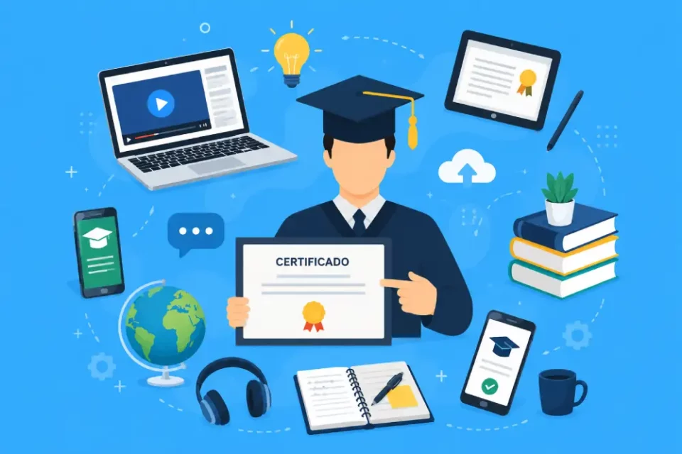 Graduado con birrete señalando certificado digital rodeado de dispositivos móviles, libros y herramientas de e-learning.