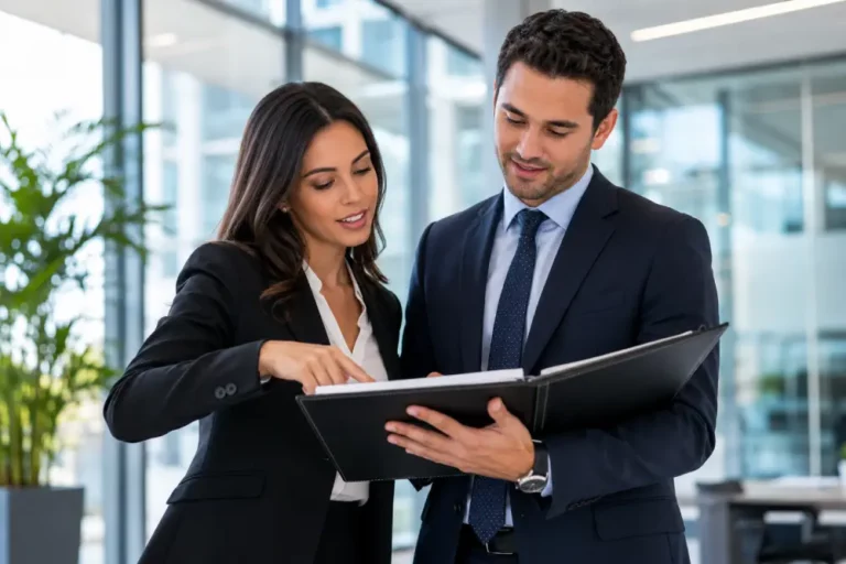 Liderazgo Empresarial y Gestión Estratégica de Proyectos Ejecutivos revisando documentos carpeta negra durante reunión corporativa en entorno profesional moderno.