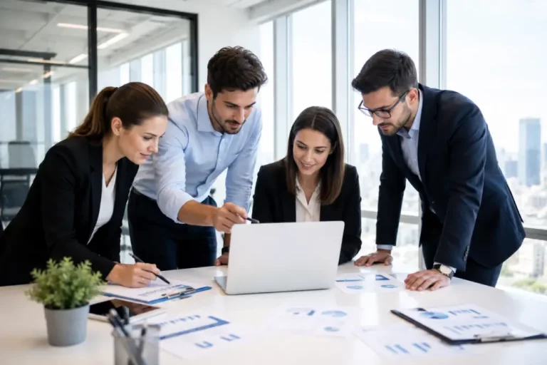 Estrategia de Negocios y Trabajo Colaborativo en Oficina Cuatro profesionales analizan datos en una laptop en una oficina corporativa con iluminación natural y ventanales amplios.