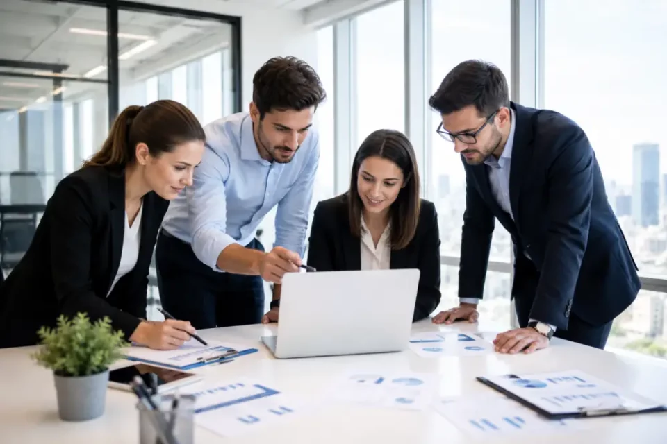 Cuatro profesionales analizan datos en una laptop en una oficina corporativa con iluminación natural y ventanales amplios.
