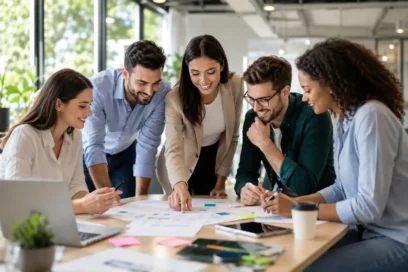 Cinco profesionales diversos sonriendo y colaborando sobre documentos en un entorno de oficina moderno y luminoso.