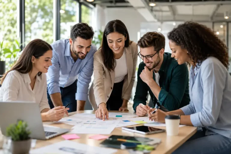 Trabajo en equipo y cultura de colaboración en startups Cinco profesionales diversos sonriendo y colaborando sobre documentos en un entorno de oficina moderno y luminoso.