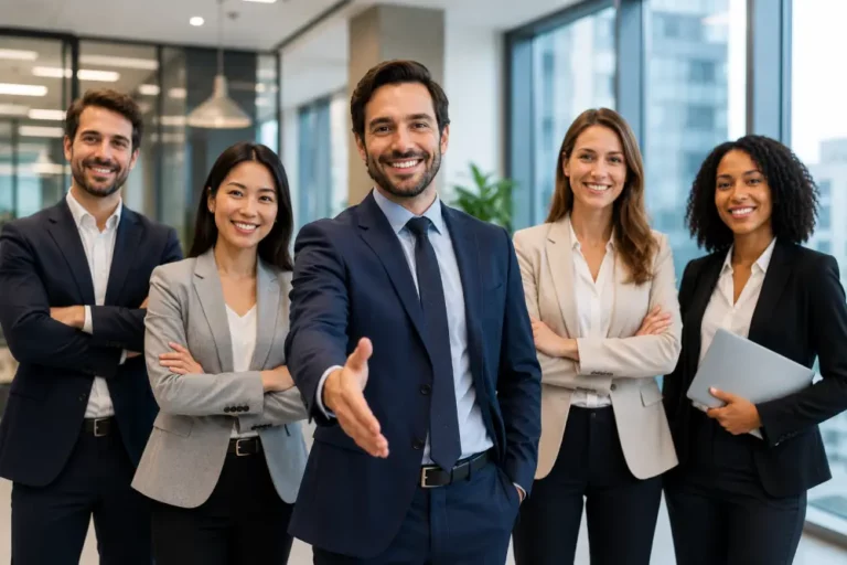 Servicios de Consultoría y Equipo de Negocios Profesional Equipo corporativo en trajes, hombre central ofrece apretón de manos como gesto de bienvenida y alianza profesional.