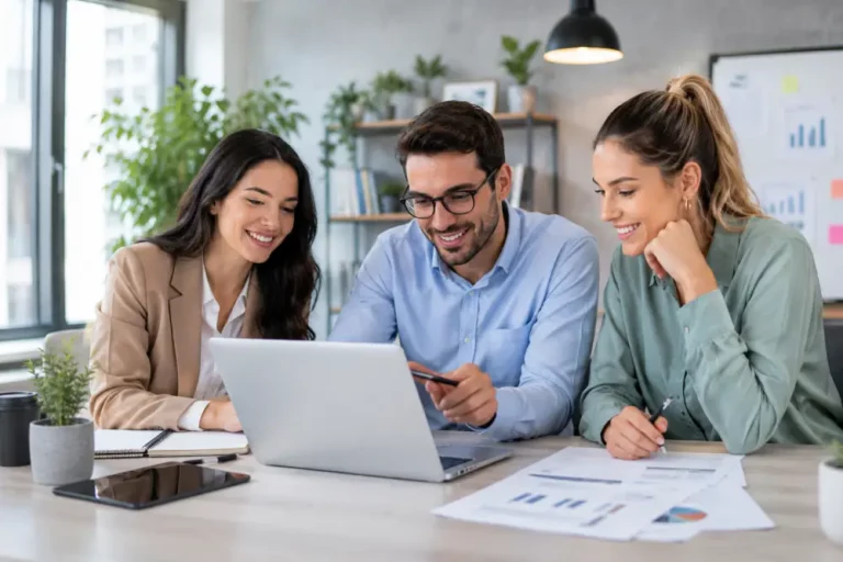 Colaboración Profesional y Consultoría Tecnológica Tres profesionales, dos mujeres y un hombre, colaboran frente a una laptop en oficina corporativa moderna e iluminada.