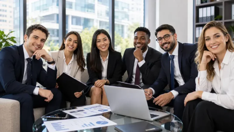 Liderazgo y Diversidad en el Equipo Corporativo Moderno Grupo multicultural de profesionales de negocios sonriendo en reunión corporativa con laptops y carpetas de trabajo.