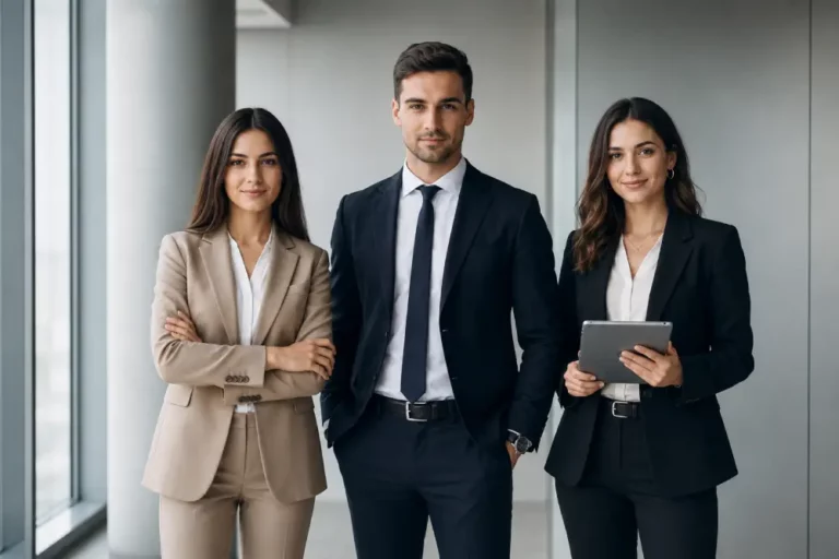 Equipo de Trabajo Corporativo Moderno Tres profesionales de negocios posando con traje y tablet en entorno corporativo minimalista.