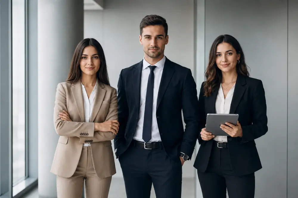 Tres profesionales de negocios posando con traje y tablet en entorno corporativo minimalista.