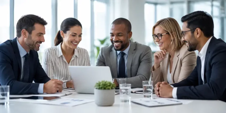 Colaboración Profesional en Equipo y Estrategia de Negocio Cinco profesionales diversos colaboran sonriendo frente a una laptop en un entorno de oficina corporativa iluminado.