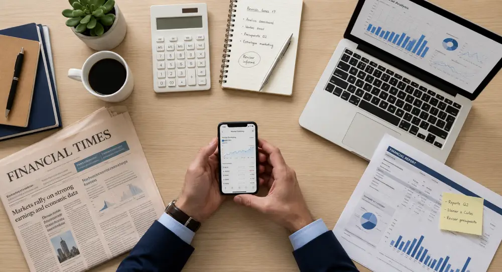 Vista cenital de manos usando smartphone sobre escritorio con laptop, gráficos financieros, calculadora y prensa económica.