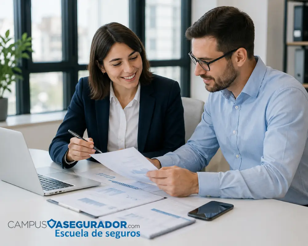 Profesionales analizando documentos en Campus Asegurador, escuela de formación técnica para el sector seguros.