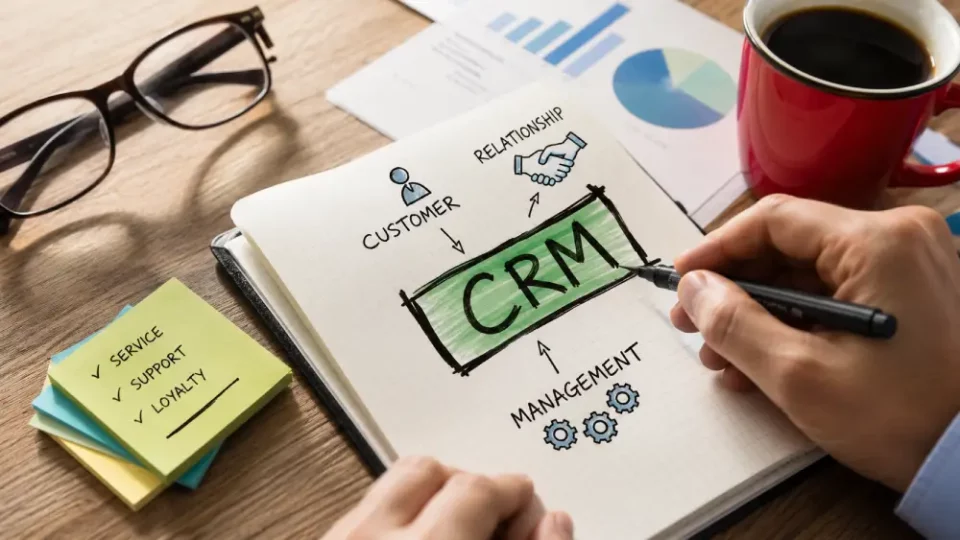 Esquema manuscrito CRM resaltado en verde rodeado de términos Customer Relationship Management en entorno corporativo.