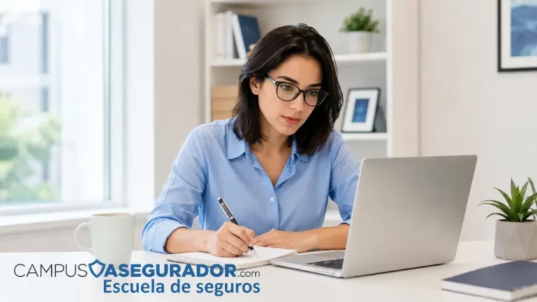 Campus Asegurador: Escuela Profesional de Seguros Online Mujer con gafas estudiando formación técnica de seguros en portátil junto a logotipo de Campus Asegurador.