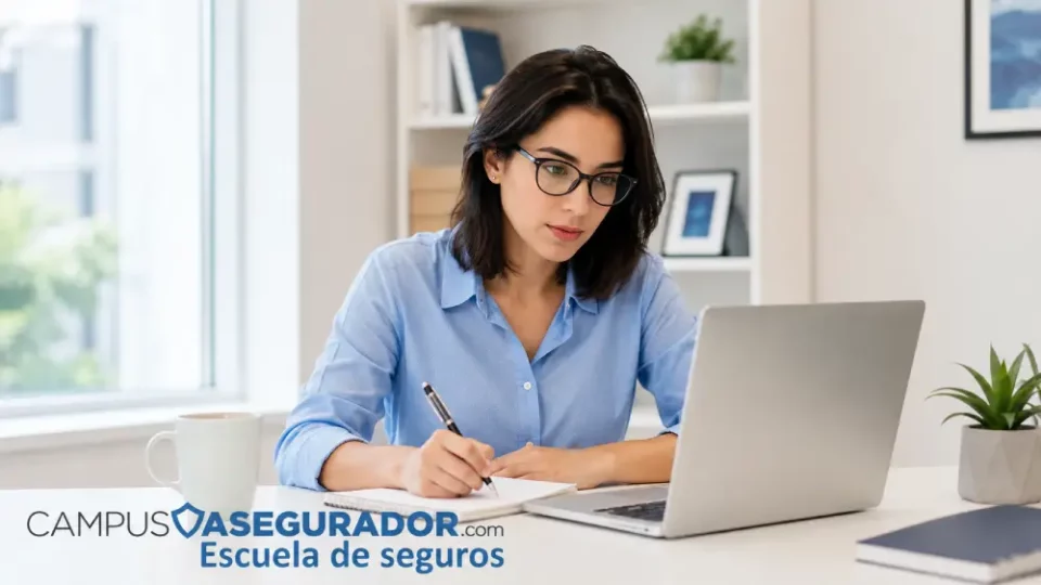 Mujer con gafas estudiando formación técnica de seguros en portátil junto a logotipo de Campus Asegurador.